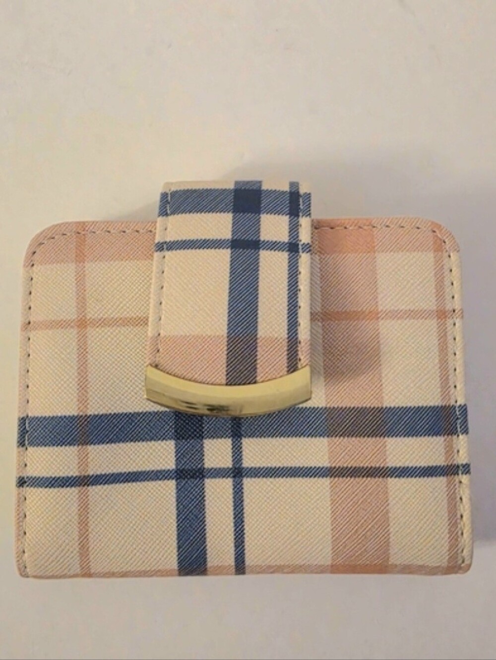 NEW Time & Tru Coquette Chic Plaid Snap Wallet in Beige, Navy & Tan Sz 4"x3.5"